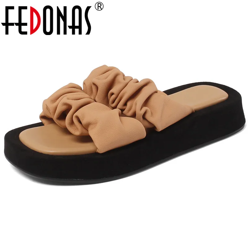 

FEDONAS Concise Design Slipper Female Genuine Leather Summer Platform Women Flat Shoes 2021 Newest Casual Basic Prom Shoes Woman