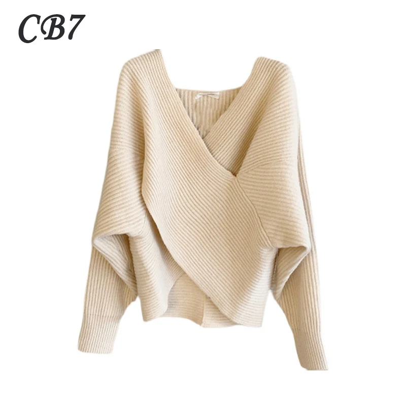 

2021 New Irregular Design Women's Sweater Korean Long Sleeve V-Collar Cross Loose Casual Knitwear Tops