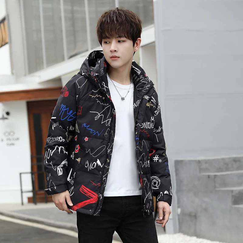 TOPS New Winter Graffiti Printed Couple's Hooded White Duck Down Jacket Autumn Thick Warm Parka Outwear Mens Puffer Coat Clothes