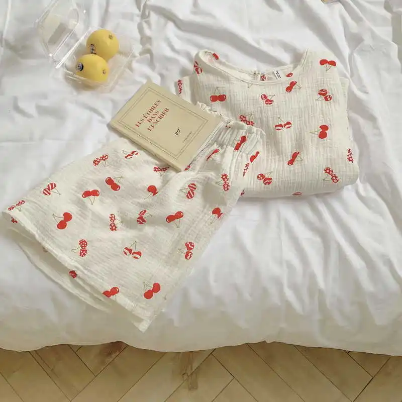 

cotton sleepwear women's pajamas ensemble short sleeves cherry shorts impression homewear comfortable Korea y844