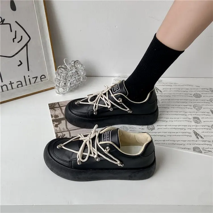 Casual Spring/Autumn Womens Shoes 2021 Fashion Flats Round Toe Lace-up Thick Bottom Breathable All-match Solid High Quality PU