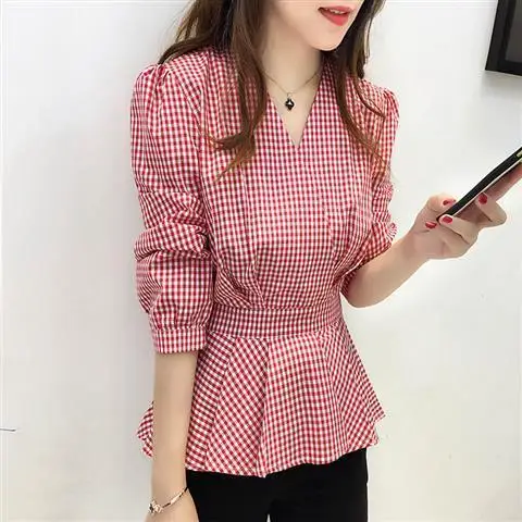 Блузка женская клетчатая рубашка женский пуловер с v-образным вырезом топ Blusas Ropa