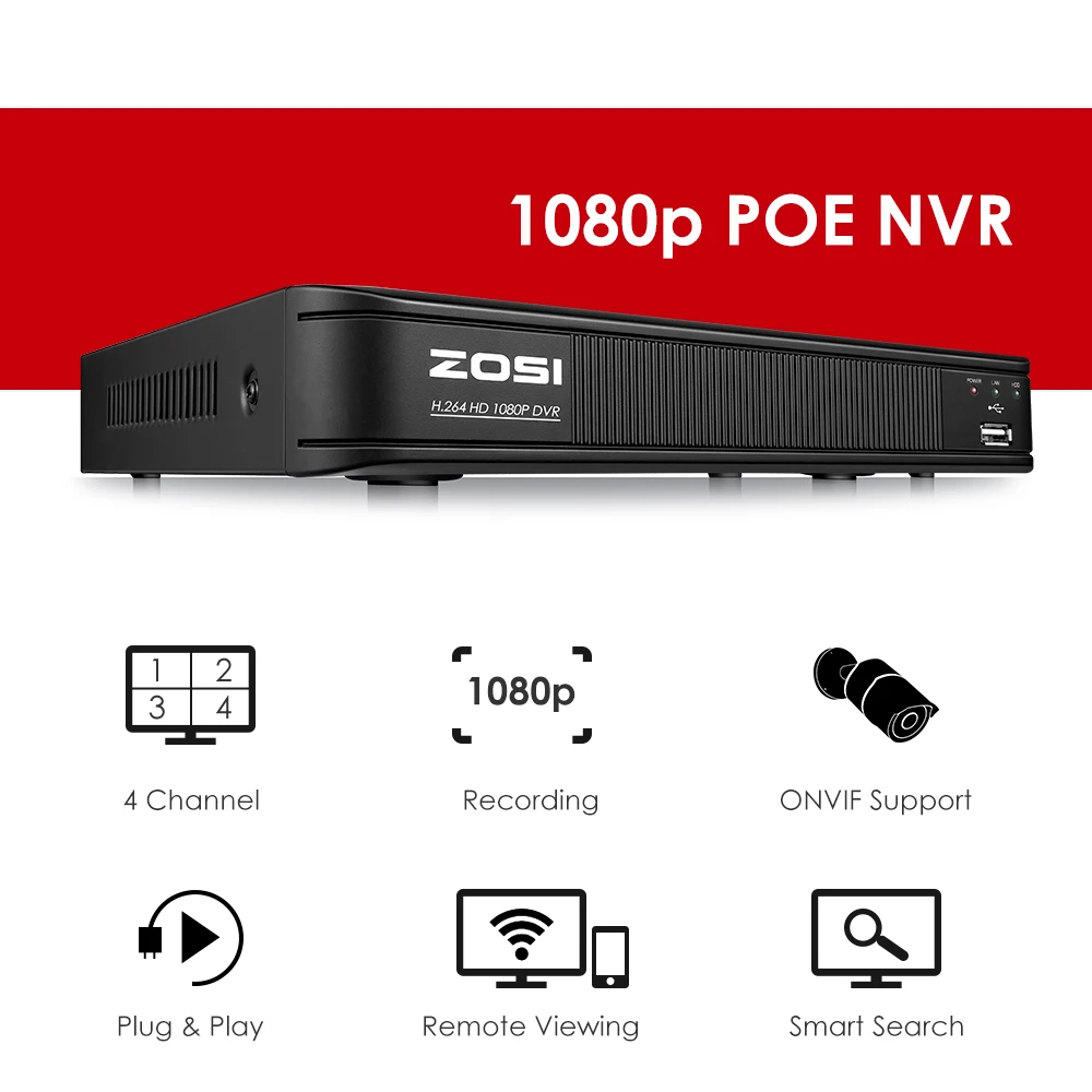 ZOSI 4CH 1080P NVR комплект 1 ТБ 48V POE CCTV система 4 шт. наружная безопасность PoE ip-камера IP67 водонепроницаемая P2P Onvif система наблюдения