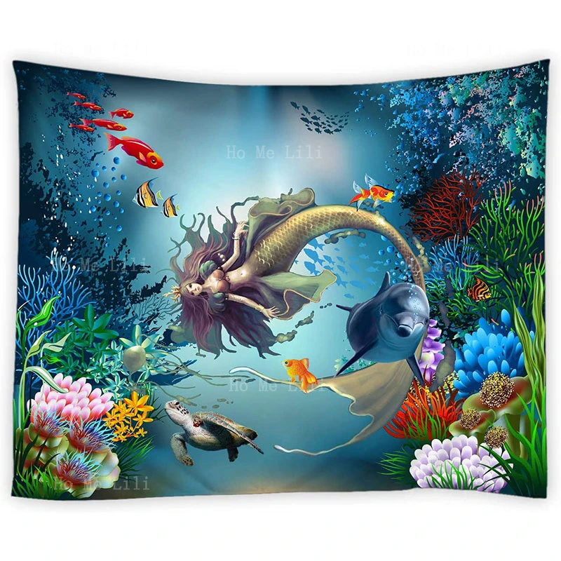 

Ocean Animal Mermaid Turtle Dolphin Tropical Fish Colorful Coral Fantasy Underwater Tapestries For Bedroom Dorm College Decor