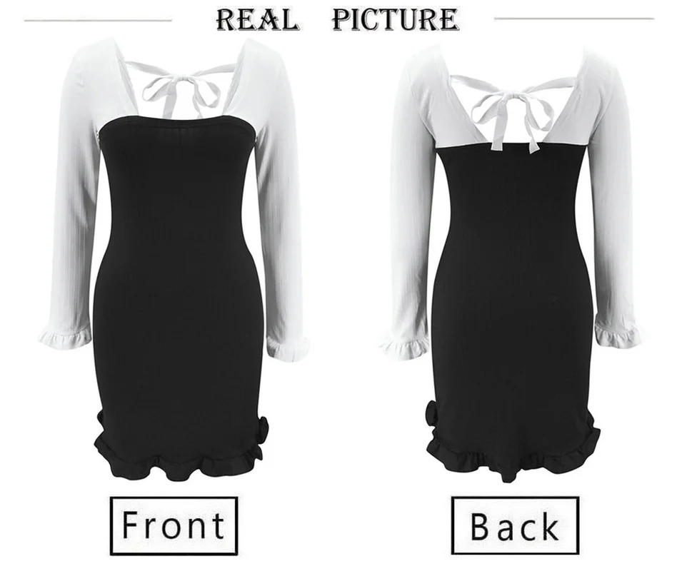 

Fashion Women Spring Autumn Skinny Dress Color Matching Design Bow Decor O-Neck Long Sleeve High Waist Slim Hip Mini Dress New