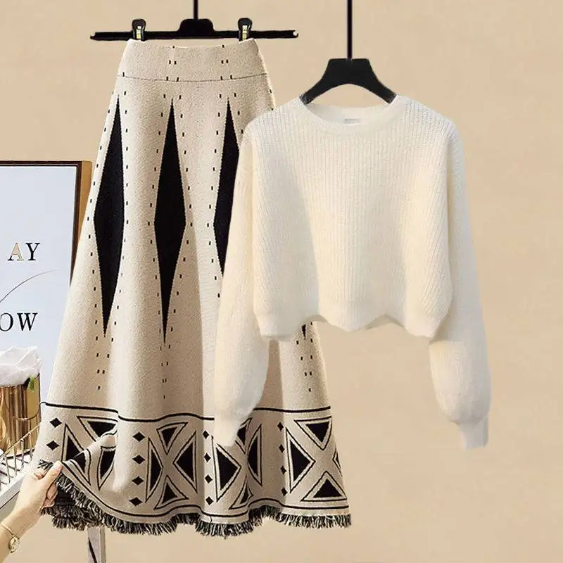 

Plus Size Women Autumn Winter Warm Knitted Two Pieces Sets Korean Long Sleeve Pullover Sweater Top And High Waist Skirts Sets
