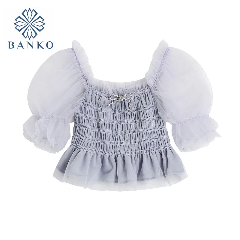 Женская сетчатая блузка с рюшами Прозрачная облегающая пышными рукавами и