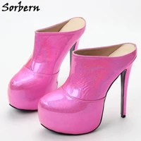 sorbern peach shiny women mules pump high heel platform slip on stilettos platform shoes thick heels size 12 womens shoes