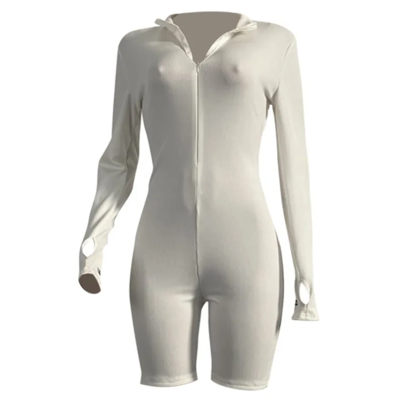 

Women's Sexy Short Bodysuit Front Body V-neck Zipper Design Long Sleeve Letter Embroidery Slim Stretch Jumpsuit