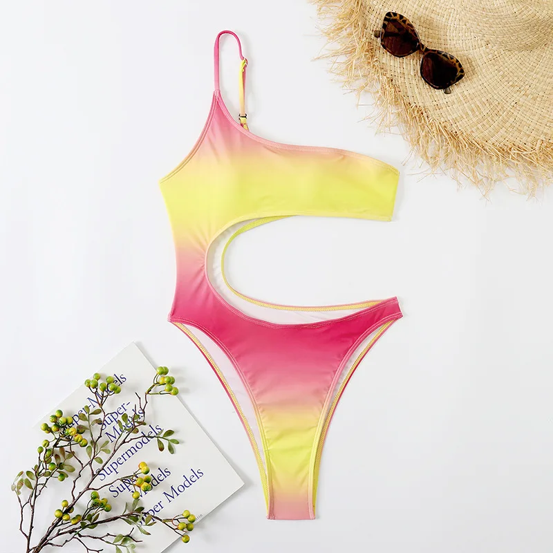 

Sexy Cut Out One Piece Swimsuit One Shoulder Monokini Gradient Bodysuit Women Swimwear Women 2022 High Cut Swimming Suit Biquini