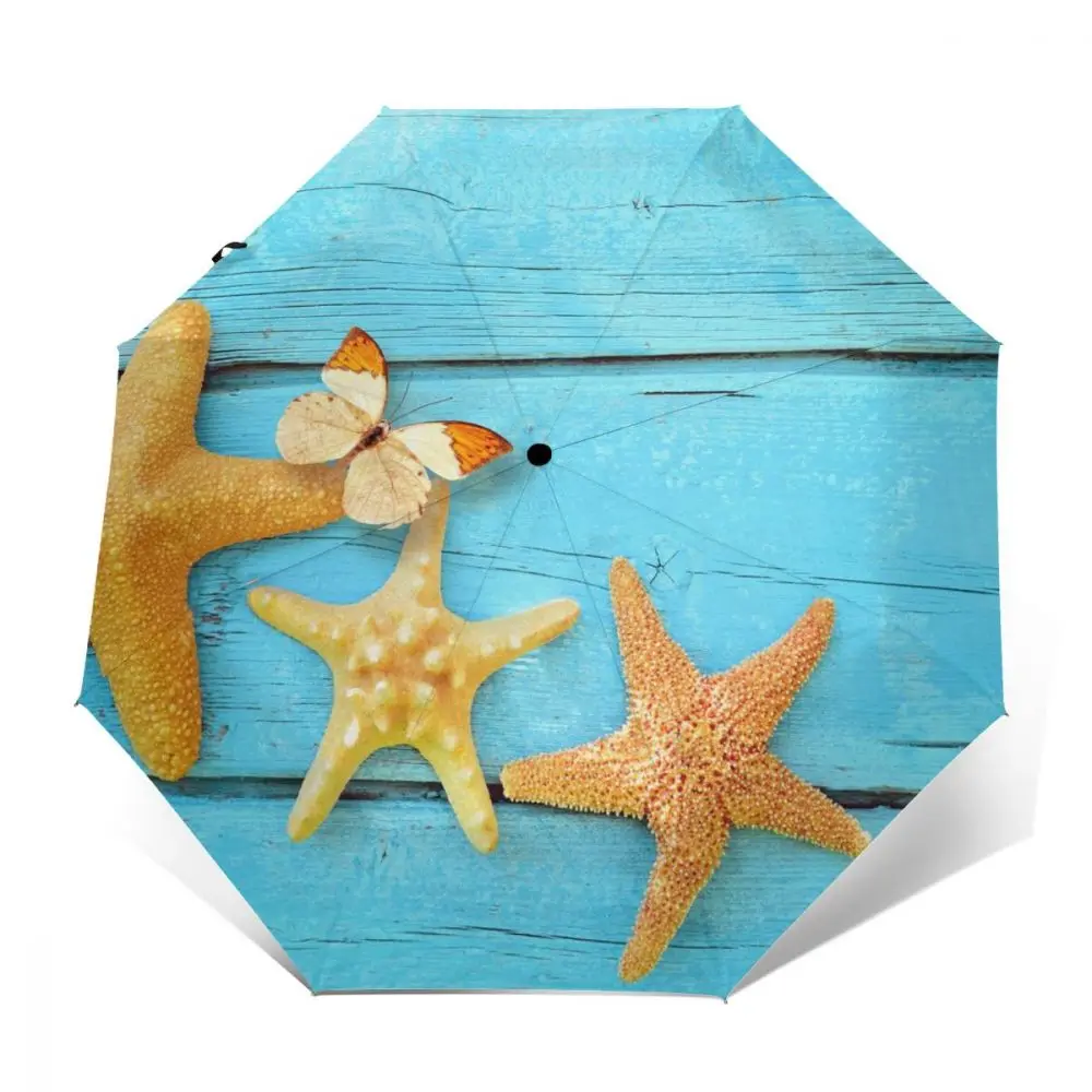 

Wind Resistant Fully-Automatic Umbrella Family Of Starfish On Blue Wooden Rain 3 Folding Parasol Travel Car Umbrella