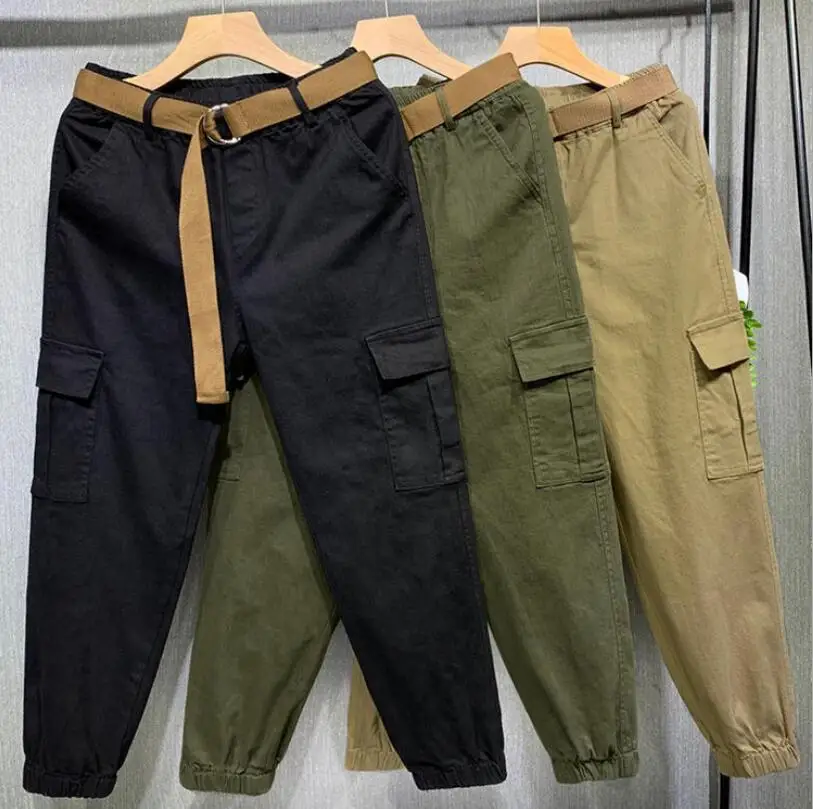 

2020 New Ladys Cargo Pants Big Pocket Loose Streetwear Casual Pants High Waist Slim Solid Female Nine pants w348