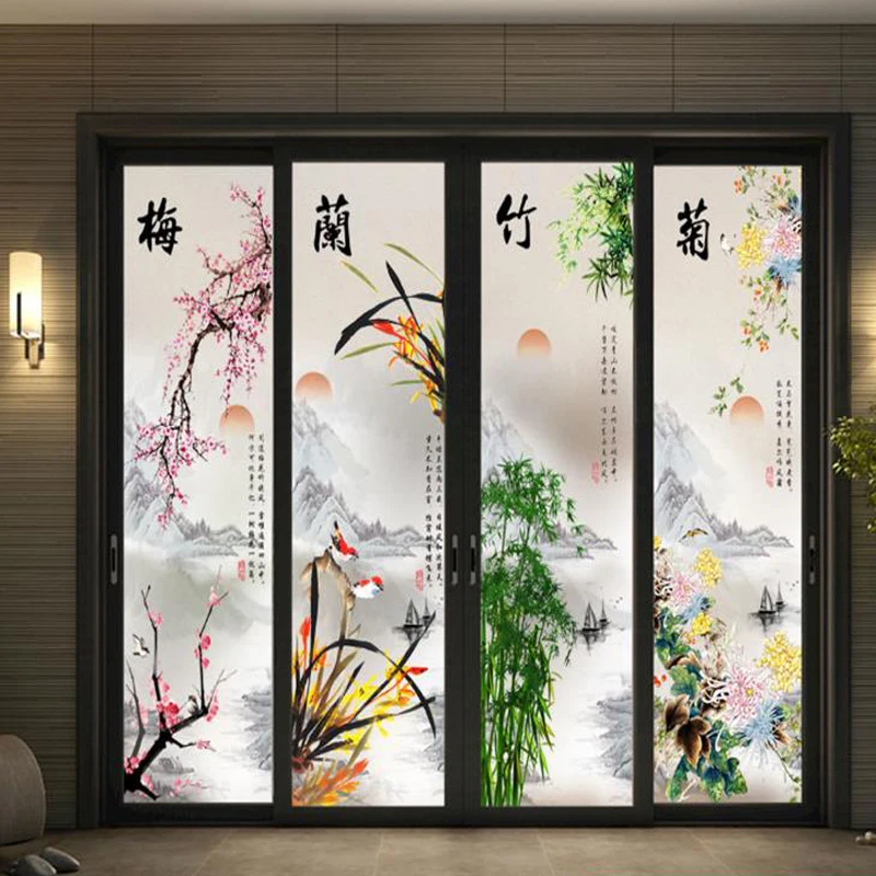 

Chinese style plum, orchid, bamboo and chrysanthemum frosted window glass sticker translucent opaque anti-privacy sticker