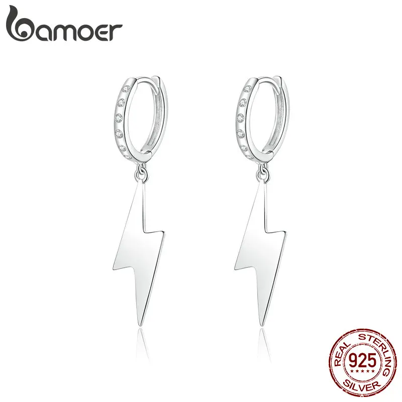 bamoer Flash Lightning Dangle Earrings with Charm 925 Sterling Silver Femme Hiphop Earrings for Wome Men Unisex Jewlery BSE221