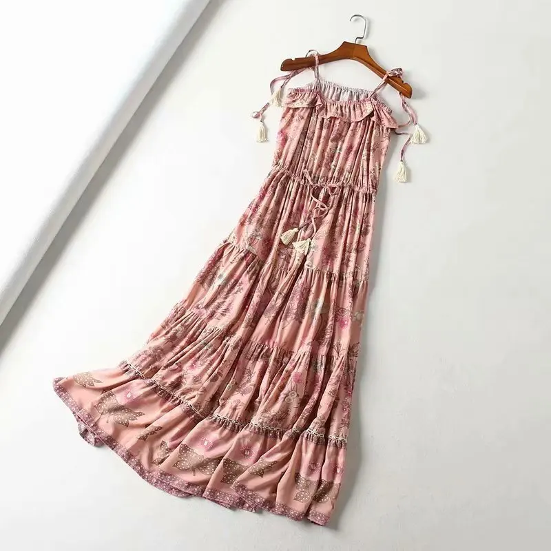 Женское винтажное платье на бретельках Boho пляжное миди с цветочным принтом и
