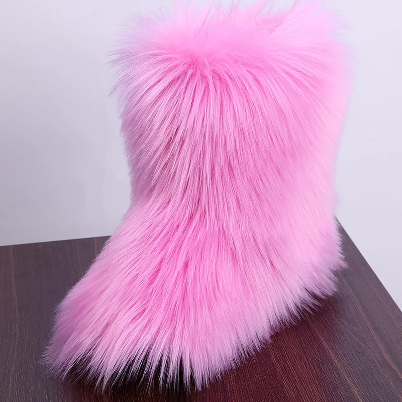 

Nausk 2021 Winter Women's Faux Fox Fur Outdoor Boots Fluffy Stripe Furry High Snow Boots Woman Fur Home Female Warm Home Shoes