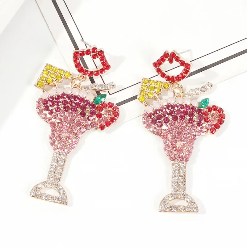 Rhinestone красная чашка Губы Форма висячие серьги Женщины Мода Кристалл напиток сок