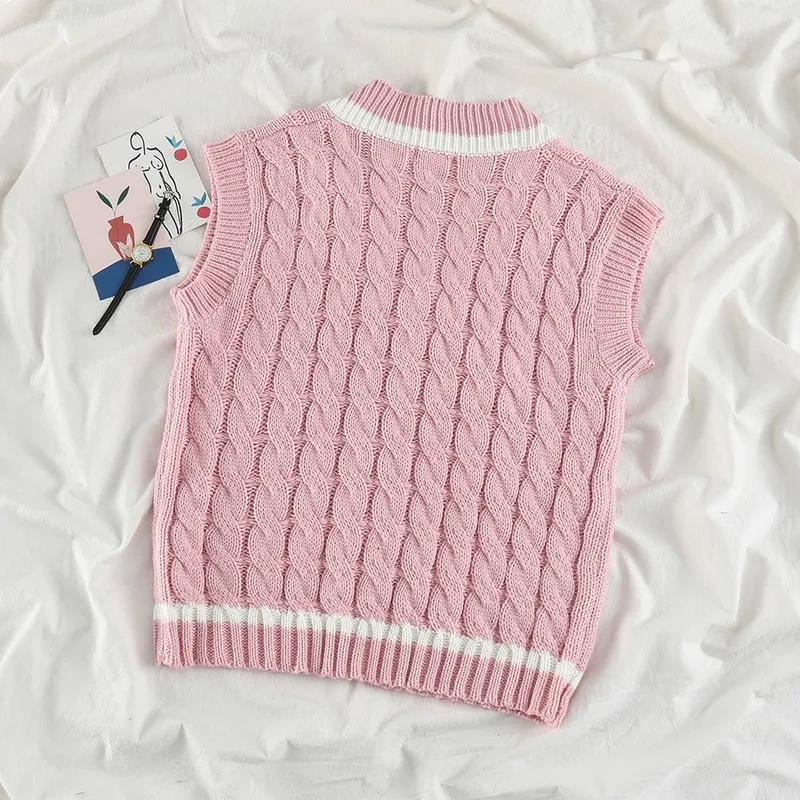 

KUSAHIKI Korean Striped Hit Color V-neck Knitted Vest Causal Sleeveless Women Pullovers 2021 Spring New Sweater Vests 6E722
