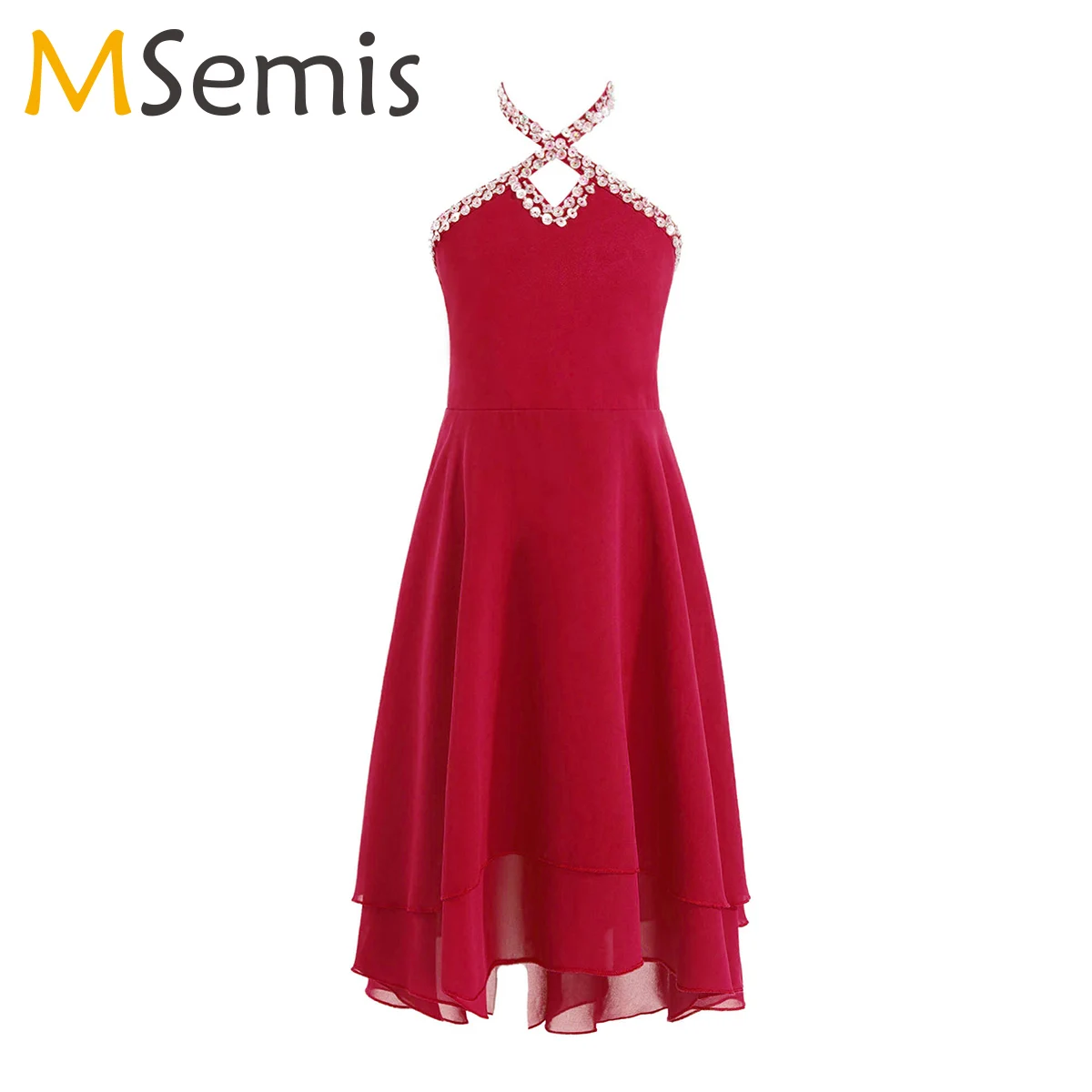 

4-14 Years Old Kids Girls Chiffon Dress Party Gown Halter Sleeveless Hi-Lo Hem Ballet Lyrical Modern Dancing Costume Dancewear
