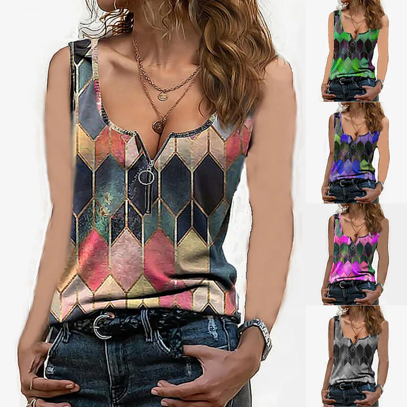Майка женская летняя без рукавов с геометрическим принтом круглым вырезом и