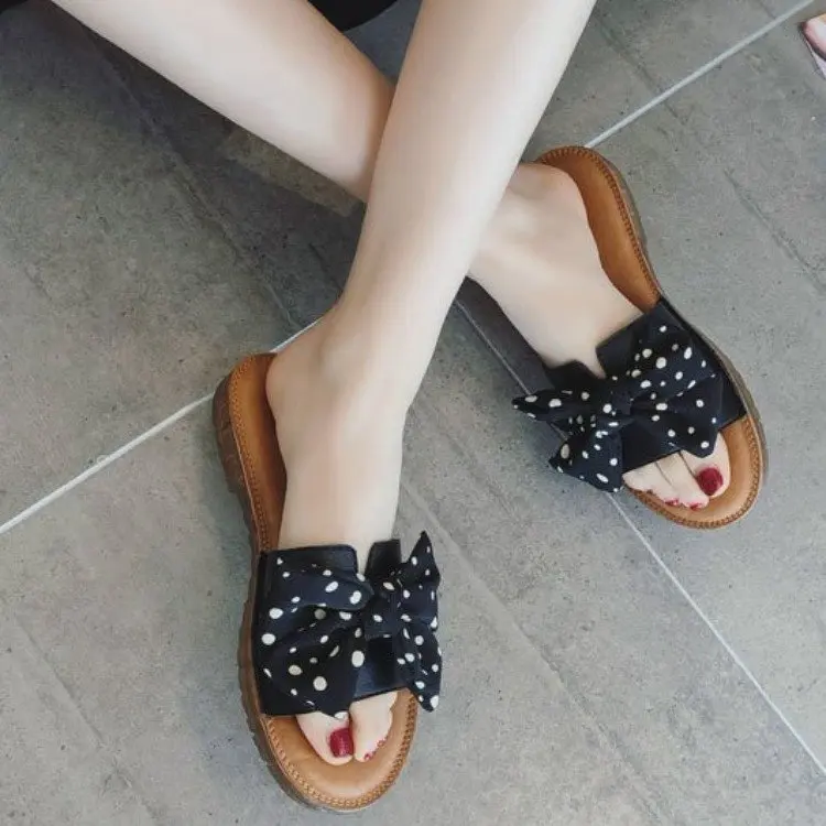 Slippers Female Summer Fashion Outer Wear 2021 New Korean Bow Flat Soft-Soled Sandals sha tan tuo Female Slip Resistant