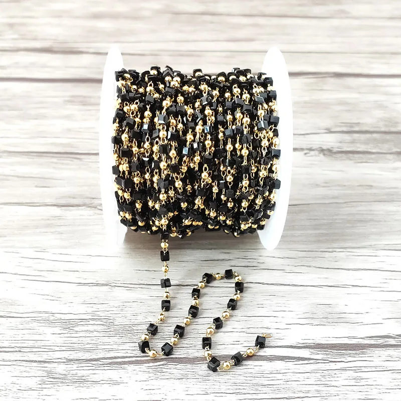 5 метров позолоченные латунные бусины цепочки с 3 мм квадратными стеклянными