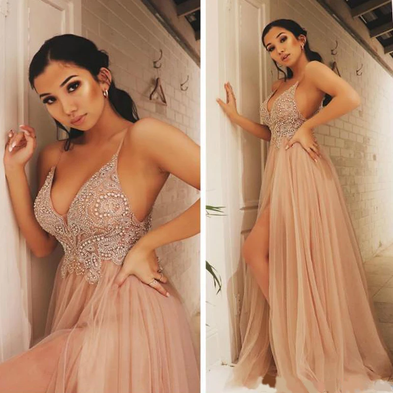 

Арабское платье Aso Ebi, на тонких бретелях, с открытой спиной, с бисером, для выпускного вечера, с высоким разрезом, платья на выпускной с крист...