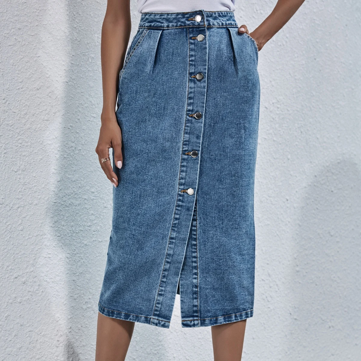 

Summer Pencil Skirts Denim Jeans Long Straight Skirt Vintage Blue Single Breasted Europe Denim Skirt Midi Length Streetwear Z300