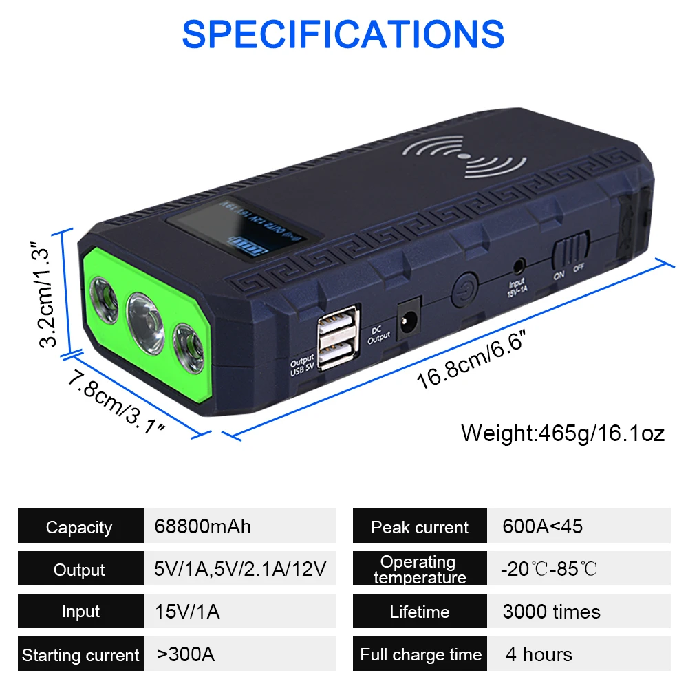 Car Jump Starter Power Kit Auto Emergency Bank LED Light USB SOS Booster Charger Supply Battery input output | Автомобили и
