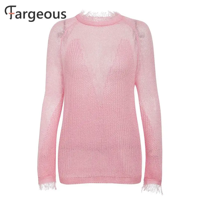 Женский трикотажный пуловер с кисточками однотонный джемпер вырезами в стиле