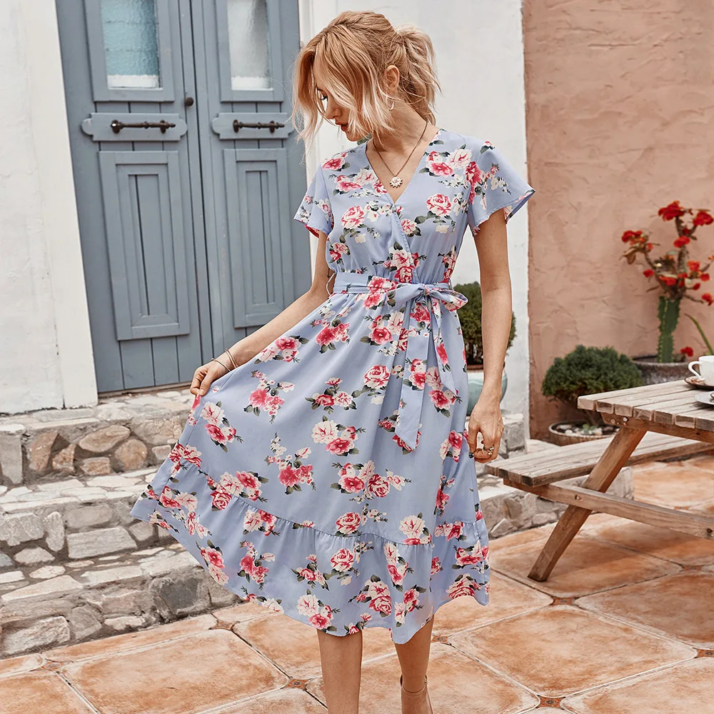

New Summer Butterfly Short Sleeve Flower Print Dress Women Elegant Leisure Fashion Office Lady V-neck High Waist Lace Up Dresses