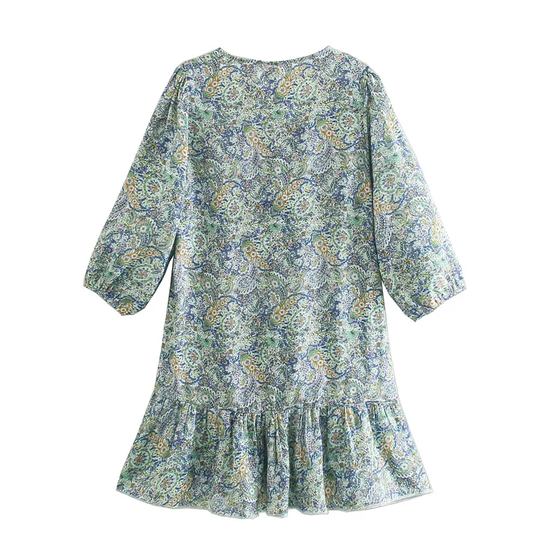 

Summer Women's Casual Flower Printed V-neck Lantern Sleeve Ruffled Loose Dress