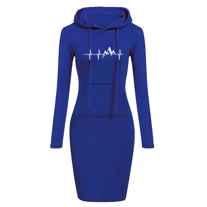 

Fashion Women ECG Snow Mountain Print Hoodie Dress Long Pullover Sweatshirt Autumn Warm Lady Dress