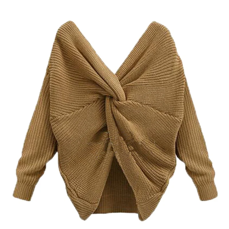 Knotted Back V Neck Twisted Sweater Women Jumpers Winter Pullovers Casual Tops Long Full Sleeve Knitted Sweaters | Женская одежда