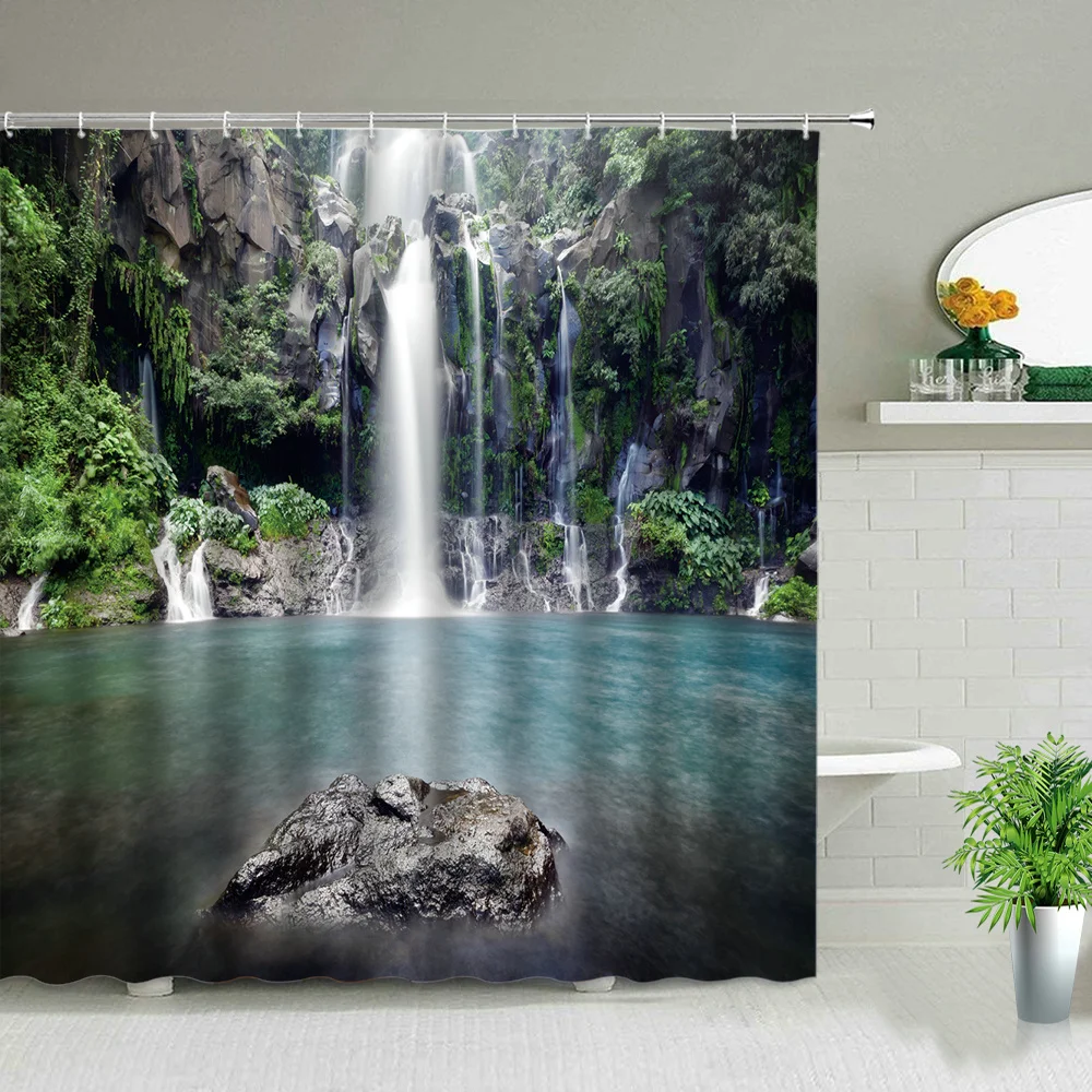 S Waterfall Forest Spring Scenery Polyester Fabric Home Bath