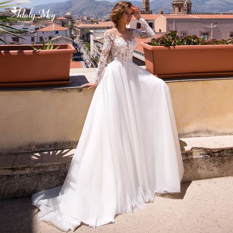 Свадебное платье-трапеция Adoly Mey с круглым вырезом длинными рукавами