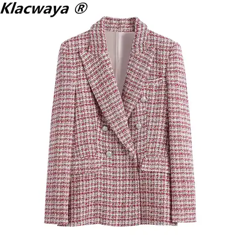 Женский пиджак Klacwaya, блейзер, твидовые куртки для женщин, 2021 розовые осенние элегантные костюмы, Женская куртка в клетку с длинным рукавом