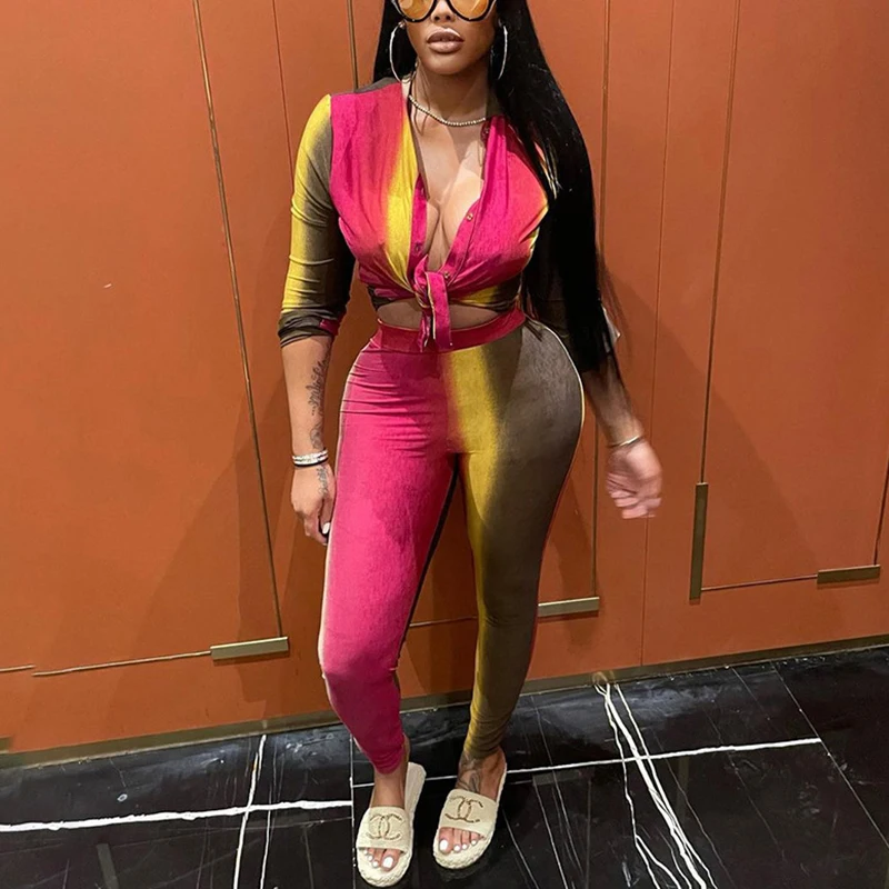 

Long Sleeve Front knot Button Down Shirt & Slim long Pants Set Casual Tie-dye printing Two Piece Suits