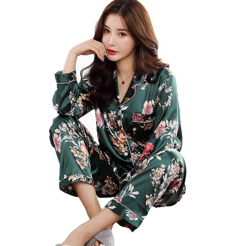 

2021 New 2Pcs Spring & Autumn Satin Silk Comfortable Pajamas for Women's Set Pyjamas Button Flower Print Pizama Damska