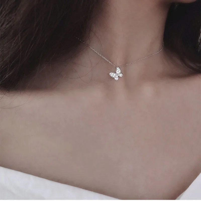 

Sweet Zircon Crystal Butterfly Necklaces For Women choker collares Wedding Jewelry