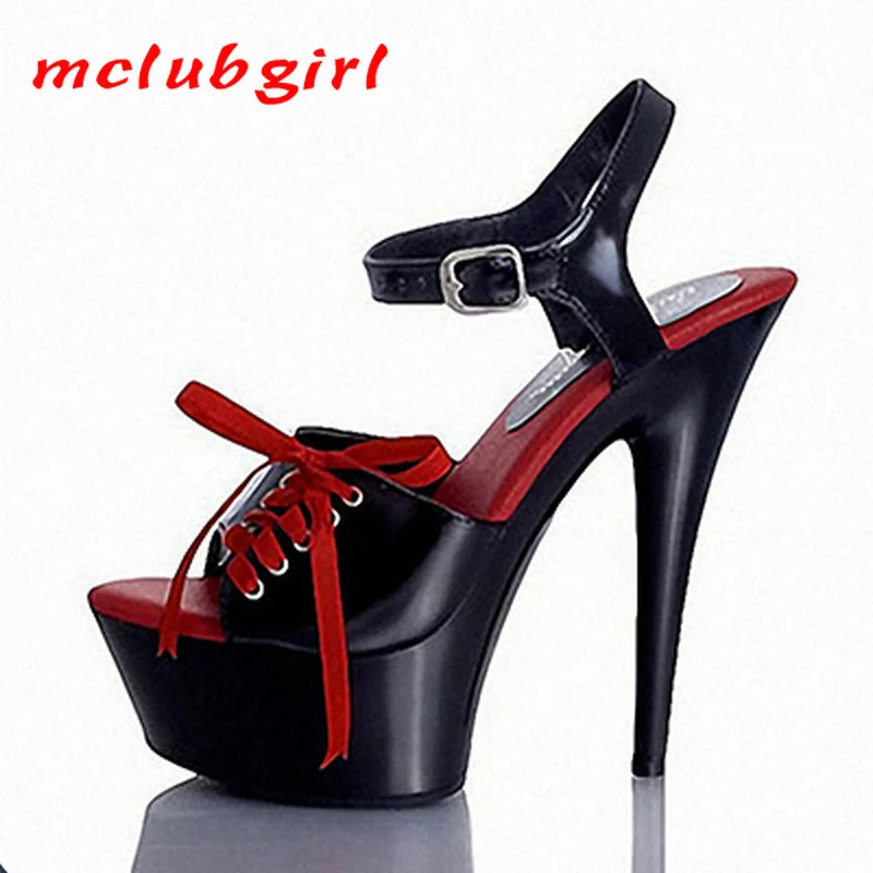 

Mclubgirl 15cm Heels New Super High Heel Thin Heel Nightclub Waterproof Platform Hentian High Sexy Lace Up Sandals LYP