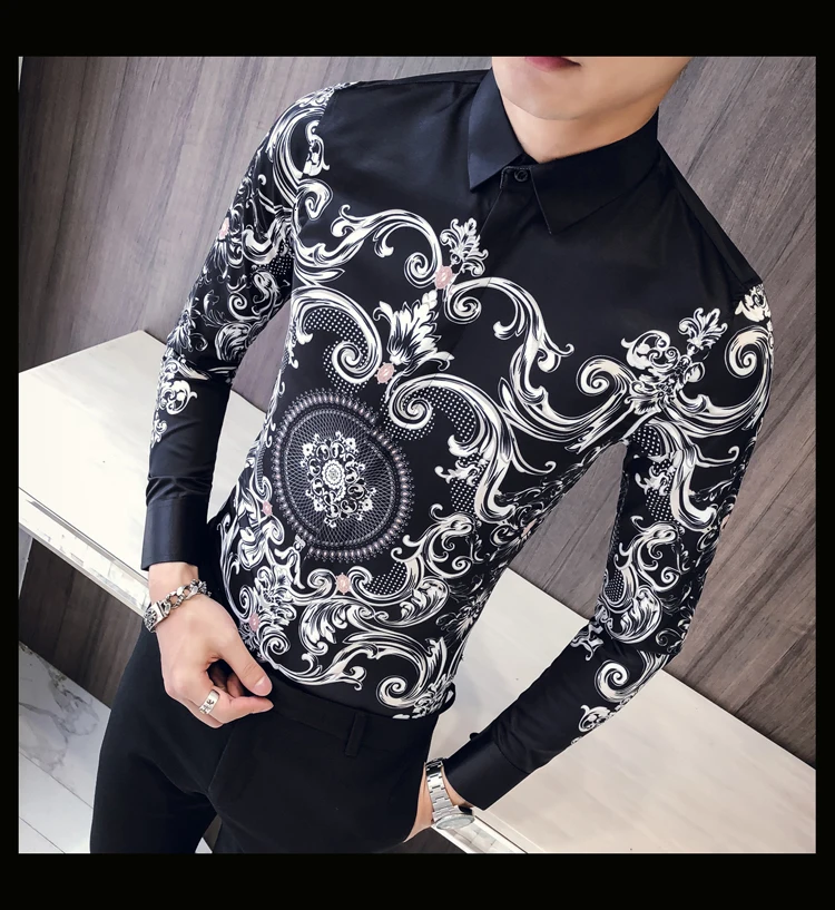 Мужская рубашка с принтом пейсли, Camisa, облегающая мужская деловая рубашка для мужчин, облегающая Корейская одежда, мужская рубашка для выпускного вечера