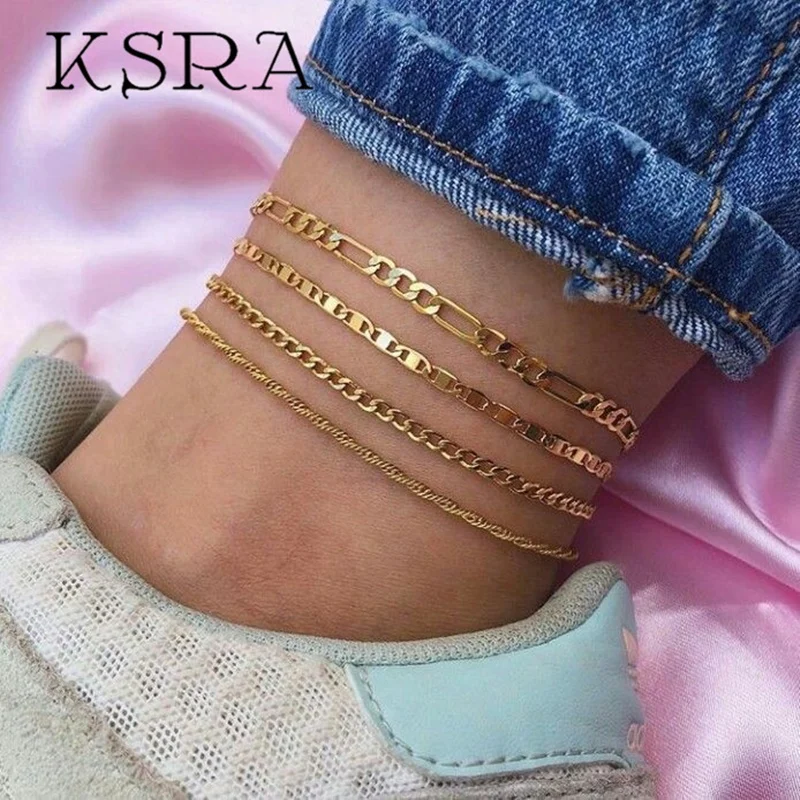 

KSRA Gold Color Punk Ankle Chain Female Simple Anklets for Women 2020 New Bohemian Summer Beach Bracelets For Leg Foot Jewelry