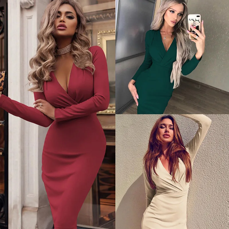

Sexy Women Deep V-neck Bodycon Dress Spring Autumn Loong Sleeve Pencil Dresses Ladies Slim Fit Knee-length Party Dress Clubwear
