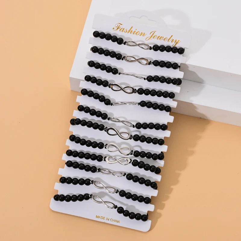 12 шт./лот Набор браслетов с черными бусинами регулируемые плетеные браслеты