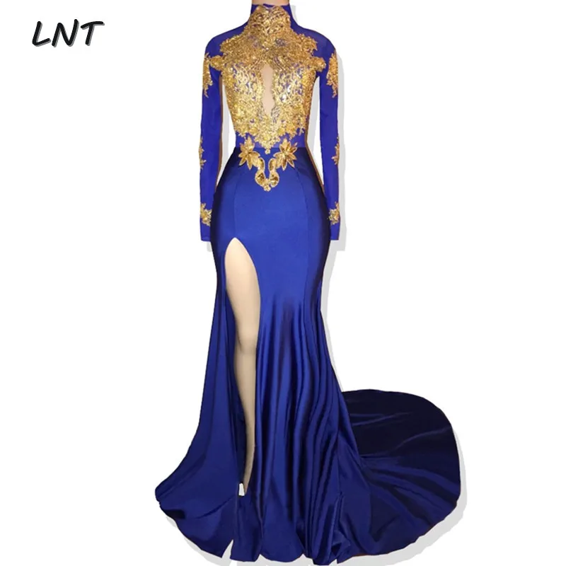 High Neck Royal Blue Prom Dresses with Slit Long Sleeves Slim Fit Gowns Gold Appliques Custom | Свадьбы и торжества