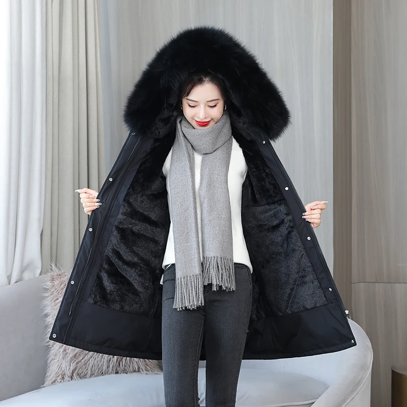 Long Coat Women Thick Wool Liner Hooded with Fur Solid Zipper Ladies Casual Winter Jacket Warm Parka Outwear for Female 2021