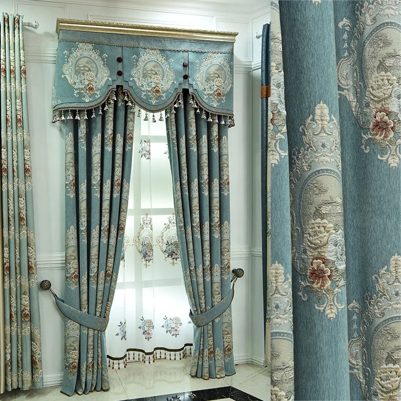 

European Style Light Luxury Chenel Jacquard Relief Shading Curtains for Living Dining Room Bedroom