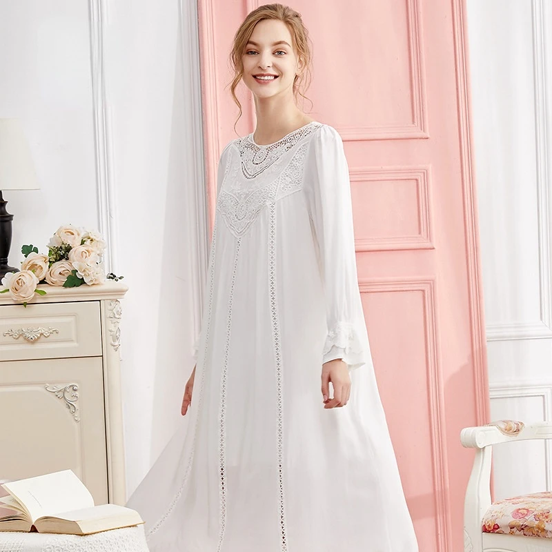 Spring Summer Women's Nightdress Cotton Long-sleeved Plus Size Loose Home Service Princess Dress French Palace Pajamas Sleepwear