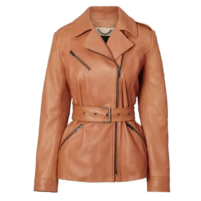 

Exported to the U.S. New Italian Vegetable Tanned Sheepskin Women's Belt Short Trench Coat